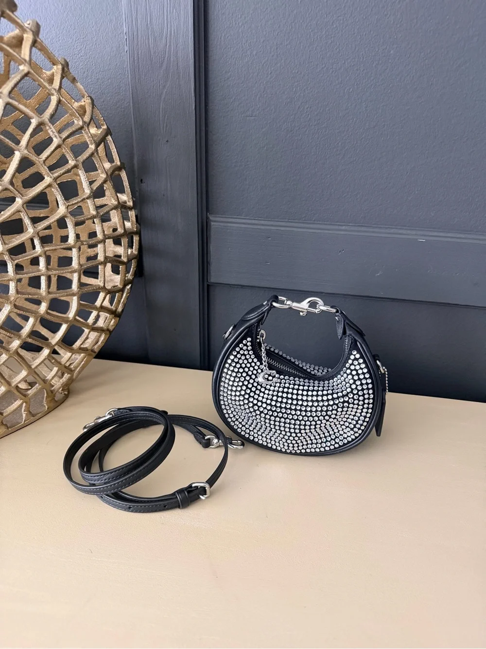 Coach Jonie Crystal Mini Hobo Crossbody Bag Silver Black CW574